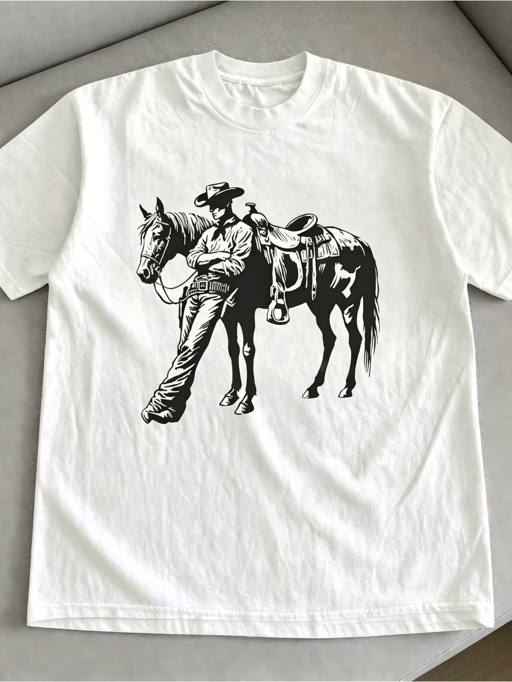 White T-shirt Cowboy & Horse Graphic WomenMen T-shirt Unisex